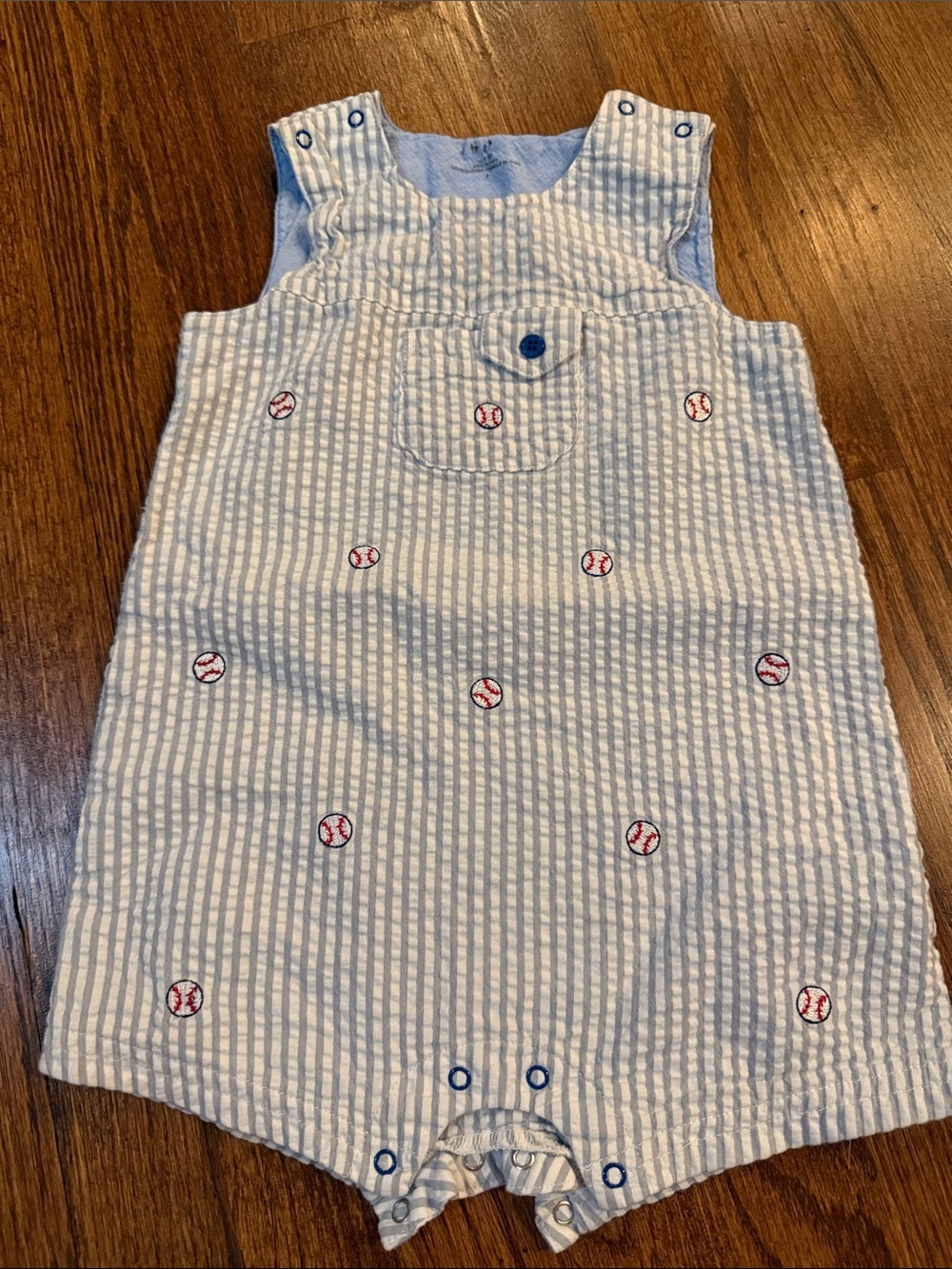 Little Me Blue and White Striped Baseball Embroidered One-Piece